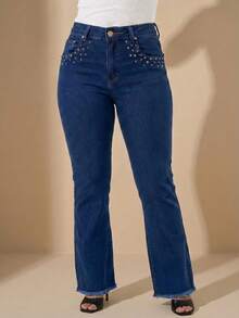 pthirillo Women's Dark Blue Flare Jeans With Butt-Lifting, High Waist, And Rhinestone Detail - Premium Rhinestone Jeans - Spike In the Pocket - View 3