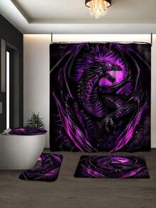 1/4 Piece Waterproof Dragon Pattern Bathroom Accessory Set, Including Anti-Slip Bath Curtain, Toilet Lid Cover, Bath Mat, Bathtub Curtain, 12 Hooks, 180*180 Cm / 70.8*70.8 Inches - Multicolor - View 5