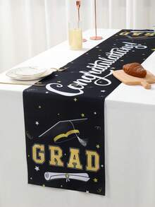 1pc Graduation Celebration Party Tablecloth, Black Congratulations Graduate Black & Gold Mortarboard Pattern Table Runner, 2026 Graduation Tablecloth Tabletop Decor, Graduation Party 2026 Restaurant Table Decor, Home Decor, Graduation Party Supplies, Graduation Theme Table Runner, Party Favors, Photography Props - Black and Gold Graduation Cap - View 9