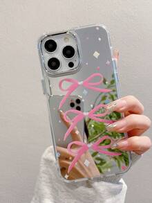 1pc Mirrored Triple Bow Anti-Drop Full Coverage Phone Case Protective Cover Compatible With IPhone 11/12/13/14/15/16/17/Pro Max - Pink - View 1