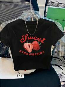 Women's Strawberry Print Short T-Shirt - Slim Fit Cropped Top With Short Sleeve Round Neck, Soft Breathable Blouse For Summer Casual Wear, Short Length T-Shirts For Daily Outfits & Holiday Gifts (Machine Washable) - Strawberry Pattern T-Shirts - Black - View 8