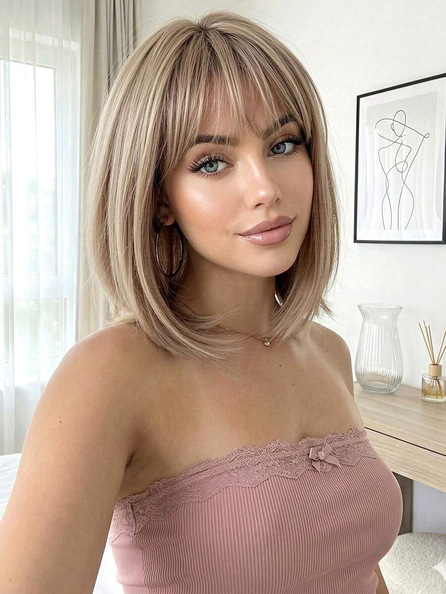 Kurze schwarze braune synthetische Naturhaarperücken für Frauen, Bob-Perücke mit Pony, hitzebeständig für Alltag, Cosplay und Partys