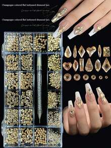 KIRAME 21 Compartments DIY Nail Art K9 Glass Champagne Flat Rhinestone Set - 30pcs High Gloss Rhinestones Per Compartment With 1 Drill Pen, Nail Gems, Nail Salon, Home Manicure, Nail Art Supplies, Christmas, New Year, Valentine's Day Nail Art, Holiday Gift, Suitable For Handicrafts, Clothing, Fabrics, Shoes, Glass Products, Jewelry Making - Multi-Size Sparkling Decorations Nail Rhinestones Nails - 香檳色 - 查看 6