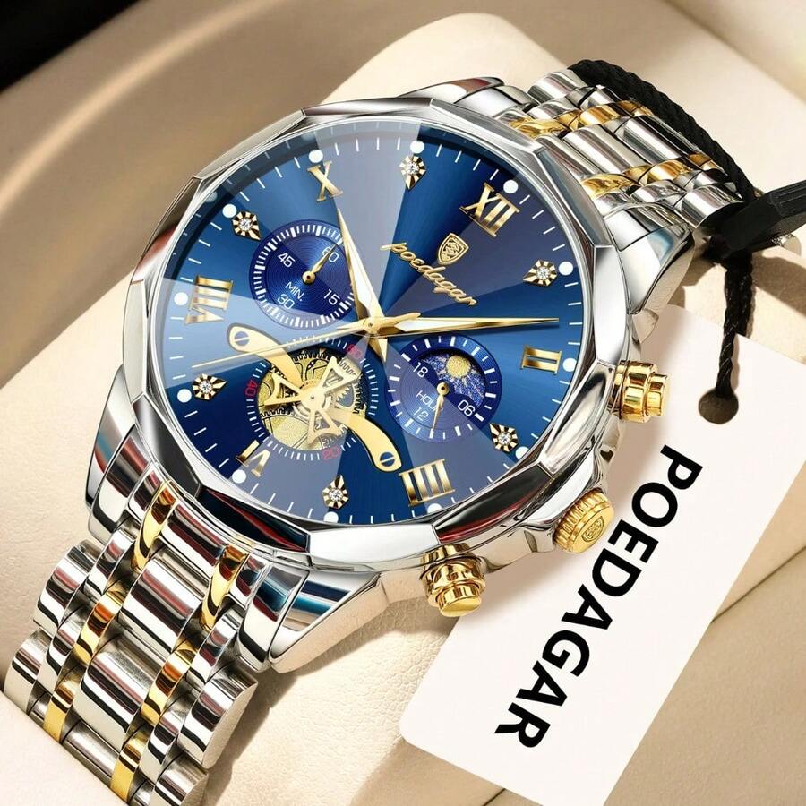 POEDAGAR Luxury Original Men Watch Waterproof Luminous Chronograph Man Wristwatch Stainless Steel Quartz Top Men's Watches Reloj - 金色 - 查看 1