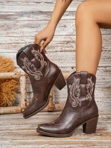 2026 Women's Fashion Chunky Heel Square Toe Embroidered Classic Western Boots - Brown - View 5