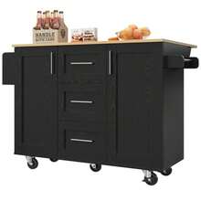 Kitchen Island, Removable Partitions, Removable Casters (Can Be Used As Kitchen Furniture), Serving Cart With Worktop, Sideboard, Wood-Finish Serving Cart, Side Towel Rack On Casters, Black