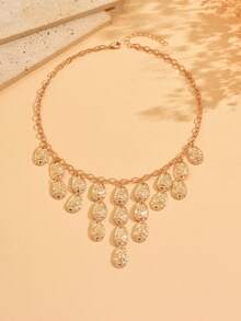 1pc Niche Design Hammered Disc Tassel Clavicle Chain, Vintage Versatile Women Necklace Suitable For Daily Wear, Dates, Parties, Music Festivals - Gold - View 2