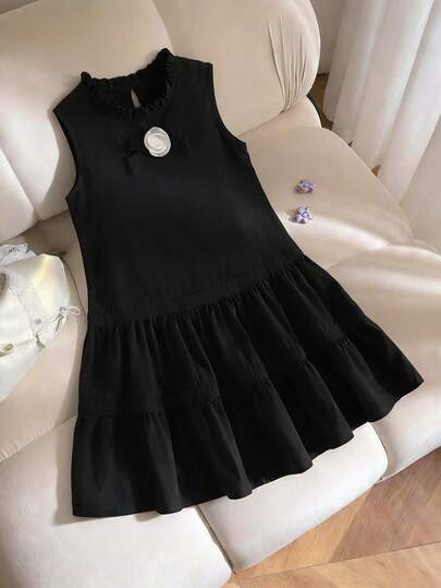 Girls' Casual Round Neck Sleeveless Loose Mid-Length Solid Color 3D Floral Bow Tie Back Summer Dress