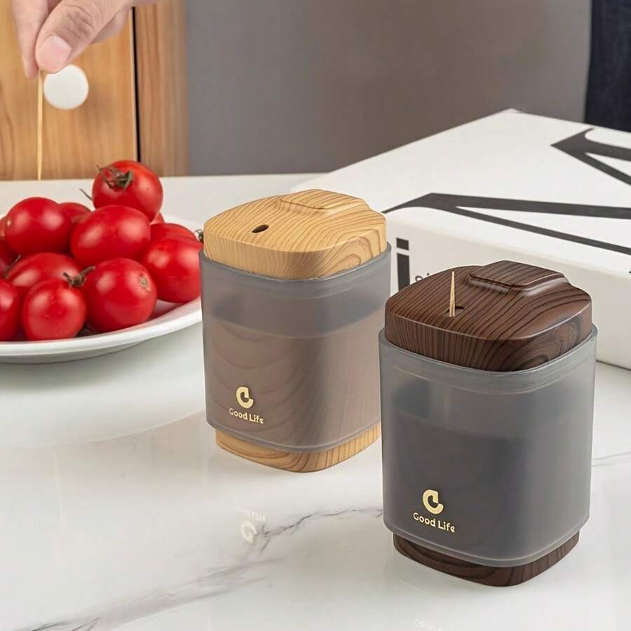 1pc Elegant Auto-Pop Up Toothpick Holder Storage Box, Modern Kitchen Organization, Wood Grain Texture, Space-Saving Design, Suitable For Home, Travel, Restaurant, Ideal Housewarming Gift, Durable Plastic Structure, For Home Organization - Multicolor - View 1