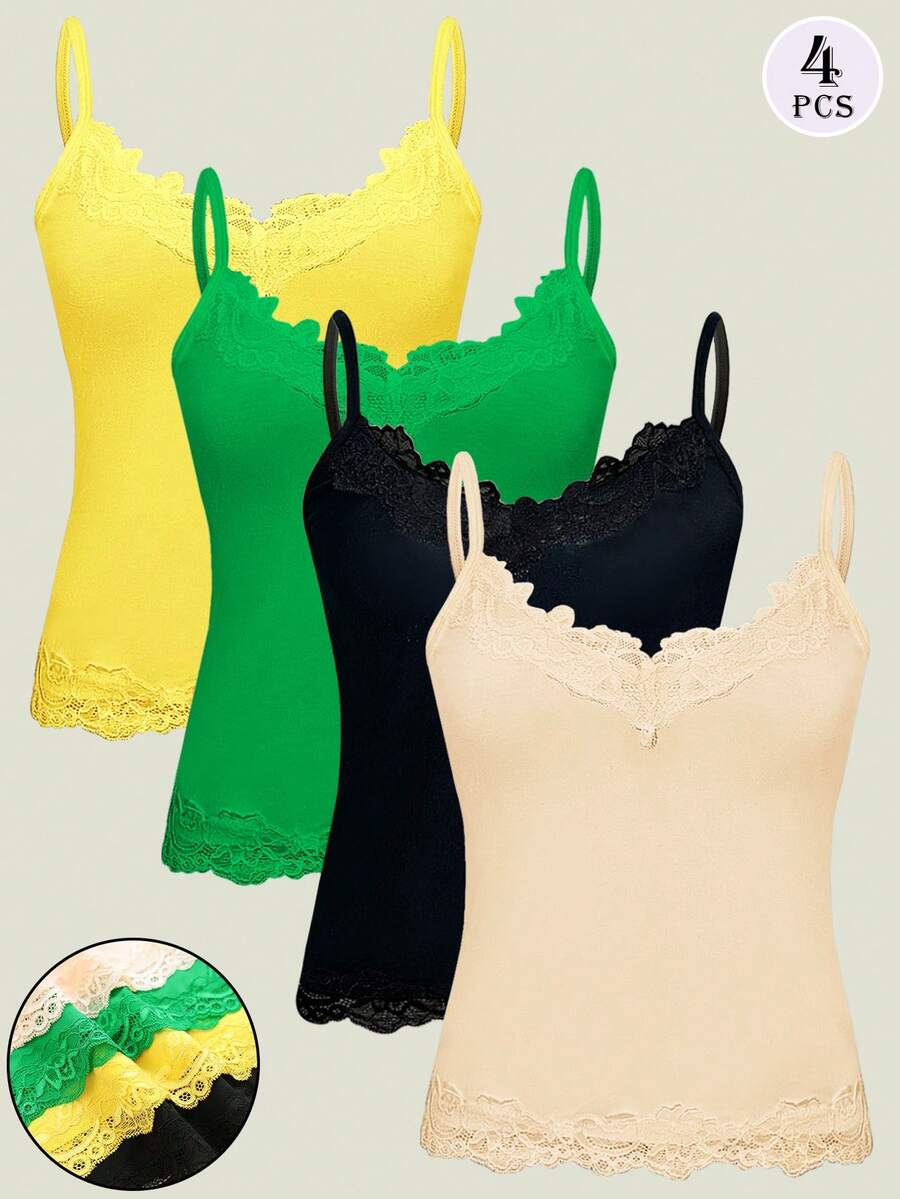 4pcs Women Lace Camisole, Solid Color Lace Camisole Versatile Undershirt, Suitable For All Seasons - Multicolor - View 1