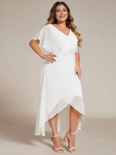 Plus Size Women V-Neck Embroidered Applique Decor Split Design Elegant Waist Cinched Cocktail Dress Wedding Party White
