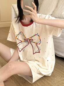 Pure Slumber 2pcs Polka Dot Short Sleeve Pajama Set For Women, Spring/Summer Bowknot Color Block Sleepwear - Apricot - View 1