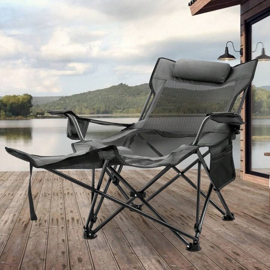 Folding Camp Chair With Footrest Mesh, Portable Lounge Chair With Cup Holder And Storage Bag, For Camping Fishing And Other Outdoor Activities (Grey) - Xám - Xem 1