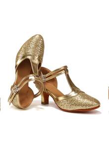 Latin Dance Shoes Sequined Closed-Toe Dance Shoes Ballroom Salsa Dance Hall Practice Performance Dance Shoes Party High Heels Dance Shoes - Gold - View 4