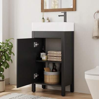 cambiador de baño de 16 pulgadas con fregadero, mueble no empotrado para fregadero de baño con 2 puertas de cierre suave y cajón de almacenamiento grande, clóset de madera de fácil montaje y