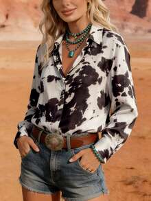 ALL Sseason 女装时尚西部牛仔印花奶牛纹豹纹翻领复古简约衬衫上衣 春季度假 - 彩色 - 查看 2