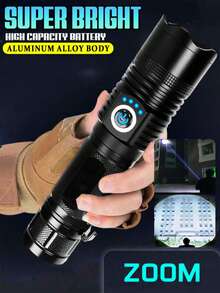 1支超亮聚光LED手电筒，战术手电筒，内置电池，应急露营手电筒，铝合金材质