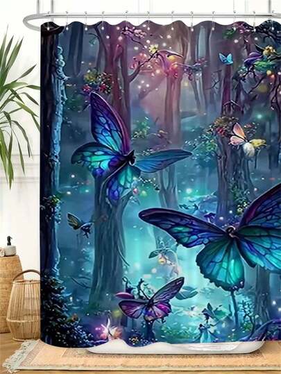 1pc Waterproof Forest Butterfly Pattern Shower Curtain - Includes Hooks, Bathtub Divider, Bathroom Decor Shower Curtain