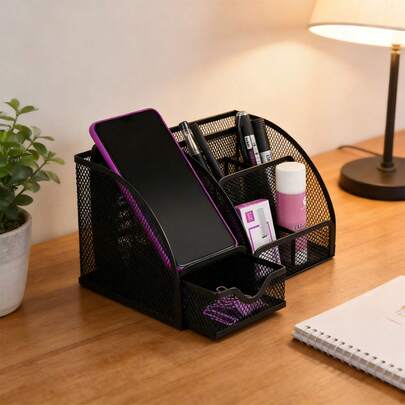 Metal Mesh Desk Organizer With Drawer - Multi Compartment Pen Pencil Holder For Office & School Supplies, Black Desktop Organiser Stationery Holder For Office Desk, Home Study