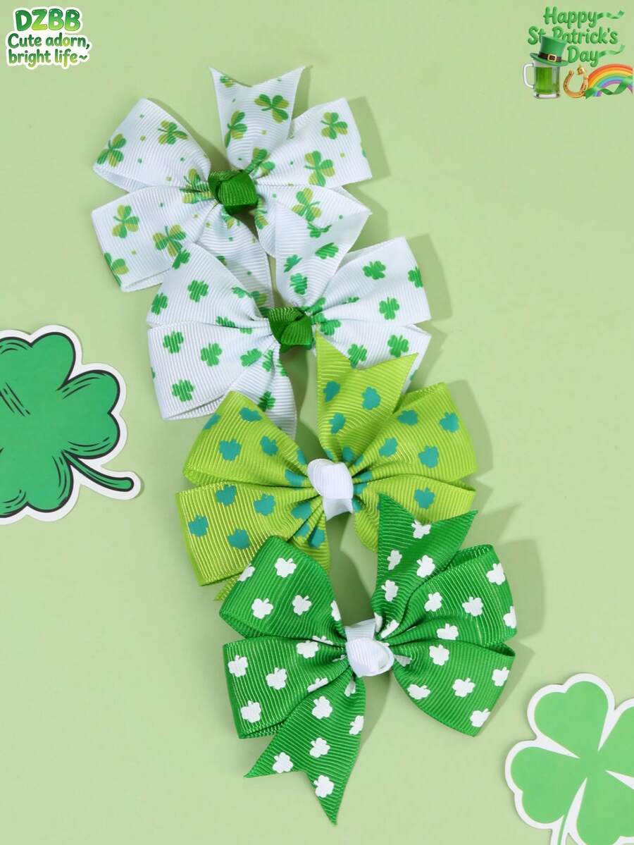 4pcs St. Patrick's Day Green And White Fabric Clover Hair Clips,Alligator Clips Hairpins,Oxalis Corniculata L. Print Hair Barrettes For Girls Teens Friends Daily Festival Party Favors - Multicolor - View 1
