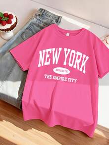Teenage Girls' Minimalist Slogan Print Round Neck T-Shirt, Casual Summer Top - Hot Pink - View 1