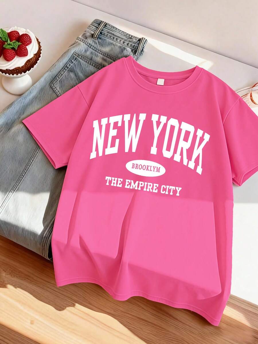 Teenage Girls' Minimalist Slogan Print Round Neck T-Shirt, Casual Summer Top - Hot Pink - View 1
