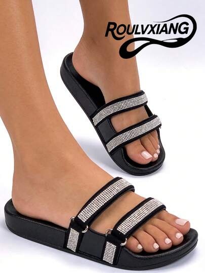 roulvxiang New Black, Brown, Apricot Slippers With Heart, Pentagram, Polka Dot, Metal Buckle Design, Casual Indoor/Outdoor, Beach, Waterproof Flat Sandals With Rhinestone Sequins For Women