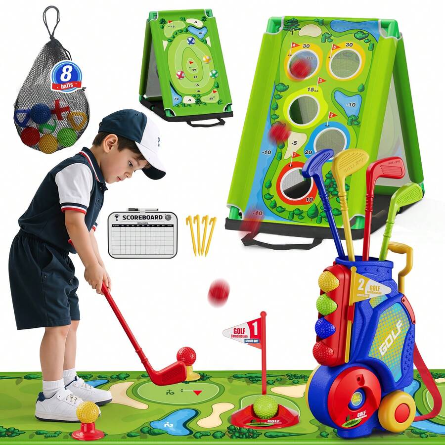 HYES 3 In 1 Toddler Golf Set With Putting Mat & Sticky/Golf Game, Kids Golf Club With 8 Balls, 4 Plastic Clubs, Scoreboard, Indoor Outdoor Sport Toys With Golf Cart Gift For Boys Girls Aged 2-5, Blue - Blue With Mat & Board - View 1