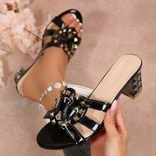 Giày sandal cao gót đế bệt bằng da PU màu trơn thời trang dành cho nữ, đính đinh tán, thích hợp cho tiệc tùng, kỳ nghỉ và mùa hè. - màu đen - Xem 12