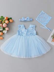 Baby Girl 0-2 Years Old Light Blue Lace Dress Set, Flower Girl Wedding Dress, Birthday Party Tulle Dress Set - Blue - View 3