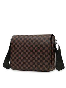 HOVI'S Men Crossbody Bag Black Grey/Brown Yellow Checkerboard Print Fabric - Flip Snap Button Closure Adjustable Strap Large Capacity Tablet Holder Back Pocket New Year Gift Valentine's Day Gift - Brown - View 5