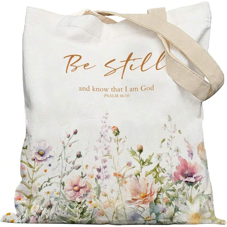 Christian Floral Tote Bag, Be Still And Know That I Am God Psalm 46:10 Bible Verse Canvas Tote Bags, Christian Gifts For Women, Wildflower Religious Reusable Grocery Shopping Bag - 1 - View 1