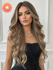 24英寸中分长卷发耐热合成纤维假发，女士假发，适合节日、派对和日常佩戴 - 金色 - 查看 2