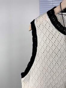 Wixra Spring/Summer New Korean Style Hollow Crochet Sleeveless Vest For Women, Patchwork Color Loose Knit Cardigan Top - Apricot - View 4