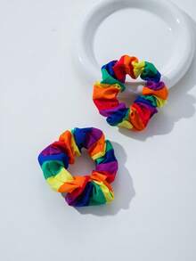 2pcs/Pack Rainbow Striped Elegant Polyester Hair Scrunchies, Suitable For Everyday Wear - Multicolor - View 2