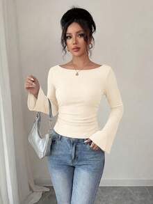 Women's Spring Fall Long Sleeve Shirts Crop Going Out Tops Casual Boat Neck Bell Sleeve Ribbed Ruched Y2K Clothes New Years Valentine's Day Vacation  Long Sleeve Tops Women - 米色 - 查看 1