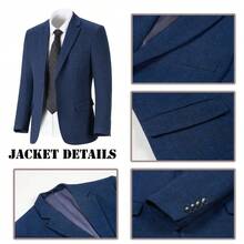 Boys 3 PiecesHerringbone Twill Suit Blazer Waistcoat Dress Pants For Wedding Birthday School Stage Formal Occasions Navy Blue Size 6-16Y - Navy Blue - View 8