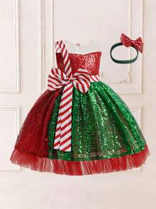 女童撞色亮片网纱蝴蝶结优雅公主裙，适合各种庆祝活动，附赠发箍 - 彩色 - 查看 3