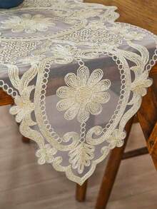 HXARTMIS 1pc Coffee-Color Polyester Lace Table Runner, Exquisite Floral Design, Fashionable & Luxurious, Suitable For Vanity, Shoe Cabinet, Coffee Table, Dining Table, Small Appliances Dust Cover, Hotel, Cafe, Wedding Party, Mother's Day, Carnival, Christmas And Other Themed Events Decoration, Size: 15.7x35.4inch - Champagne - View 4
