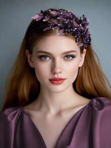 1件优雅手工仿珍珠和水钻新娘头箍，双层发箍，适合婚礼、派对、舞会等场合。 - 紫色 - 查看 7