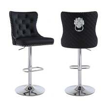 Velvet Bar Stools Set Of 2, Height Adjustable Breakfast Bar Stool, Counter Modern High Chair With Lion Knocker, Suitable For Bars Kitchens And Breakfast Counters, Black - Black - View 8