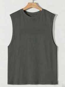 Camiseta sin mangas para hombre, camiseta sin mangas de cuello redondo, multiusos para deportes de verano - Gris Oscuro - Ver 3
