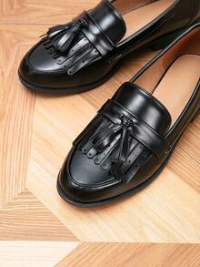 女士乐福鞋，圆头平底流苏乐福鞋，户外复古套脚鞋，休闲鞋 - 黑色 - 查看 7