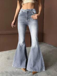 2026 Summer Y2K Style Women's High Waist Grey Flare Jeans, Stretchy Elegant Retro Casual Flare Pants Spring - Medium Gray - View 7