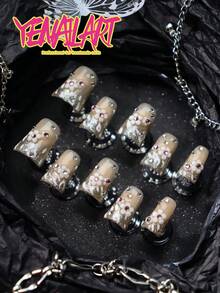 10 Stücke Nagelkunst Kunstnägel, französischer Stiletto, nude natürlich, goldener Glitzer, Leopardenmuster, 3D Blumen Dekor, Strass Dekor, europäische volle Entenmaulform, geeignet für Frauen & Mädchen Alltag und Party, inklusive 1 Flasche Kleber und 1 Nagelfeile Nagelbedarf - Gold - Übersicht 3