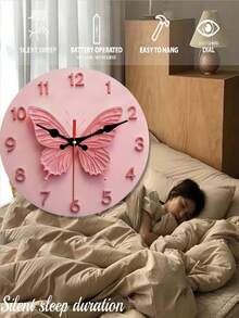 1个10英寸/12英寸粉色蝴蝶挂钟 - 电池供电静音圆形挂钟，饰有迷人的蝴蝶图案，适用于家庭、咖啡馆、厨房、浴室、卧室等场所（不含电池），蝴蝶挂钟，房间装饰挂钟，卧室装饰挂钟，宿舍装饰挂钟，返校季家居装饰挂钟 - 彩色 - 查看 5