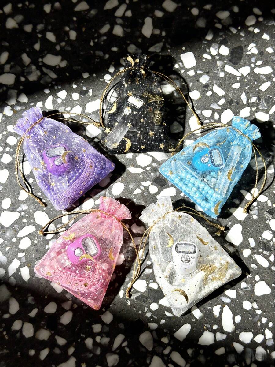 1/2/5 Set Elegant Gold Foil Star & Moon Organza Bag With Tasbih (Dhikr Counter) Set, Ramadan Gift Set, Portable Tasbih | Dhikr Counter For Ramadan - D-Silver - View 1
