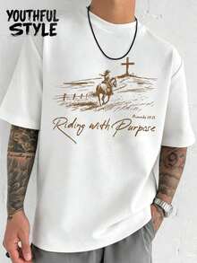 Men's Western Christian Shirt, Riding With Purpose Shirt, Cowboy Faith Shirt, Western Tee, Proverbs Bible Verse Shirt, Scripture Gift,Nature Faith Graphic T-Shirt, Perfect Hiking Gift For Believers,  Made Of Cotton, Comfortable And Breathable ,Unisex,Suitable For All Seasons, Comfortable And Breathable| Exquisite Design | The Best Choice For Giving Gifts - 白色 - 查看 1
