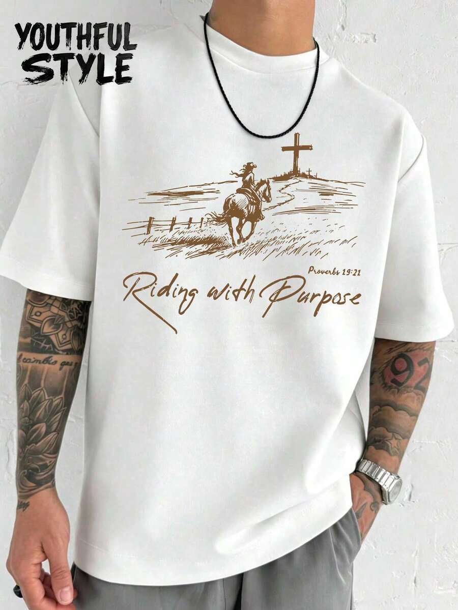 Men's Western Christian Shirt, Riding With Purpose Shirt, Cowboy Faith Shirt, Western Tee, Proverbs Bible Verse Shirt, Scripture Gift,Nature Faith Graphic T-Shirt, Perfect Hiking Gift For Believers,  Made Of Cotton, Comfortable And Breathable ,Unisex,Suitable For All Seasons, Comfortable And Breathable| Exquisite Design | The Best Choice For Giving Gifts - 白色 - 查看 1