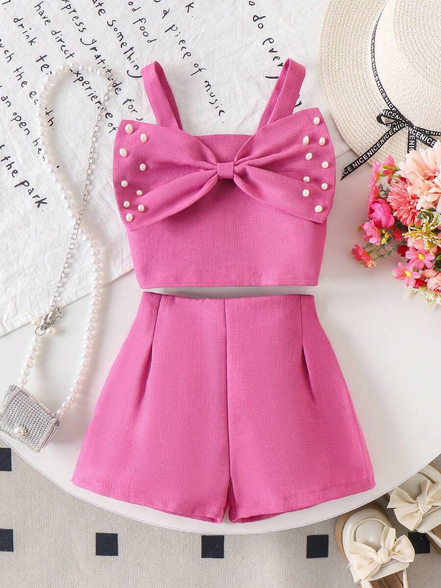 2件套女童休闲3D蝴蝶结串珠吊带背心和短裤套装 - 玫紅色 - 查看 1